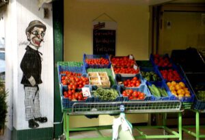 Severinsviertel Gemüseladen mit Zeichnun von Schäl